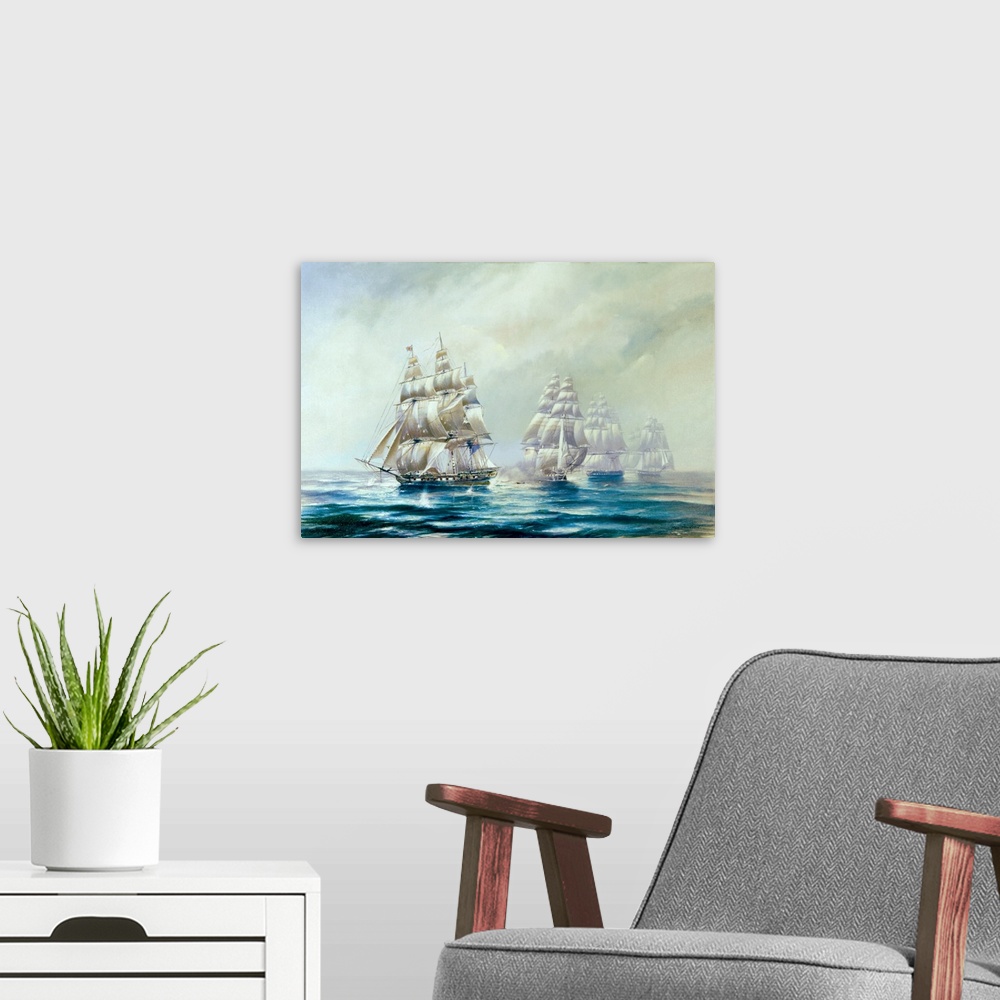 A modern room featuring Painting of a fleet of naval vessels traversing the open sea.