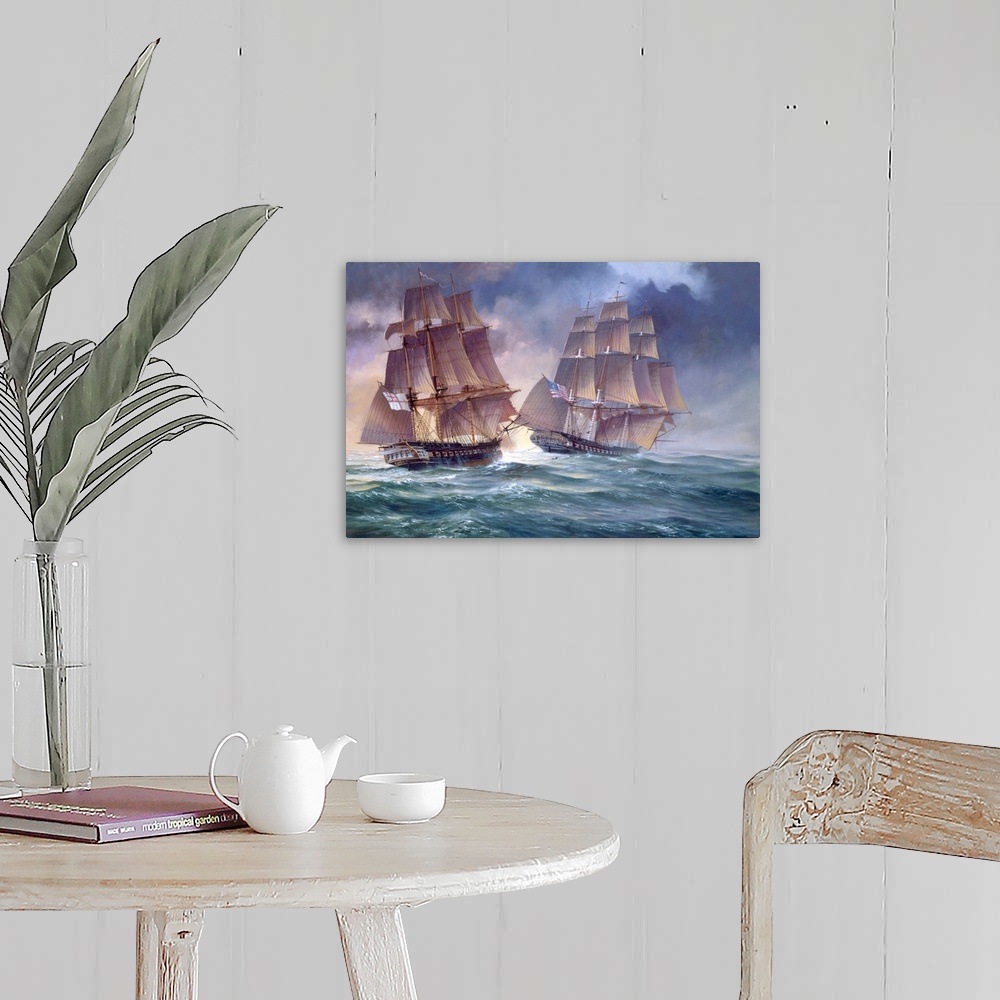 A farmhouse room featuring Painting of of an old naval vessels in the heat of battle.