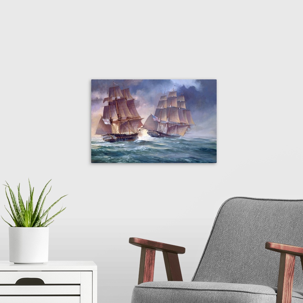 A modern room featuring Painting of of an old naval vessels in the heat of battle.