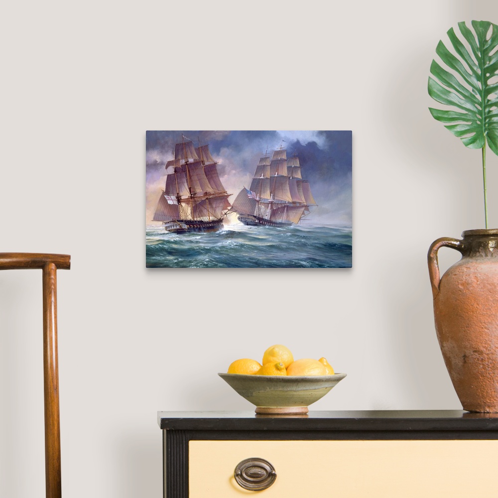 A traditional room featuring Painting of of an old naval vessels in the heat of battle.