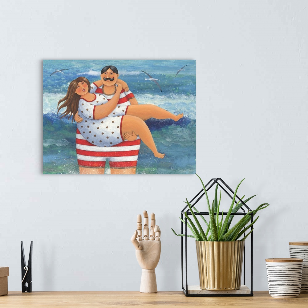 A bohemian room featuring Nautical themed painting of man in a bathing suit holding a woman in a bathing suit.