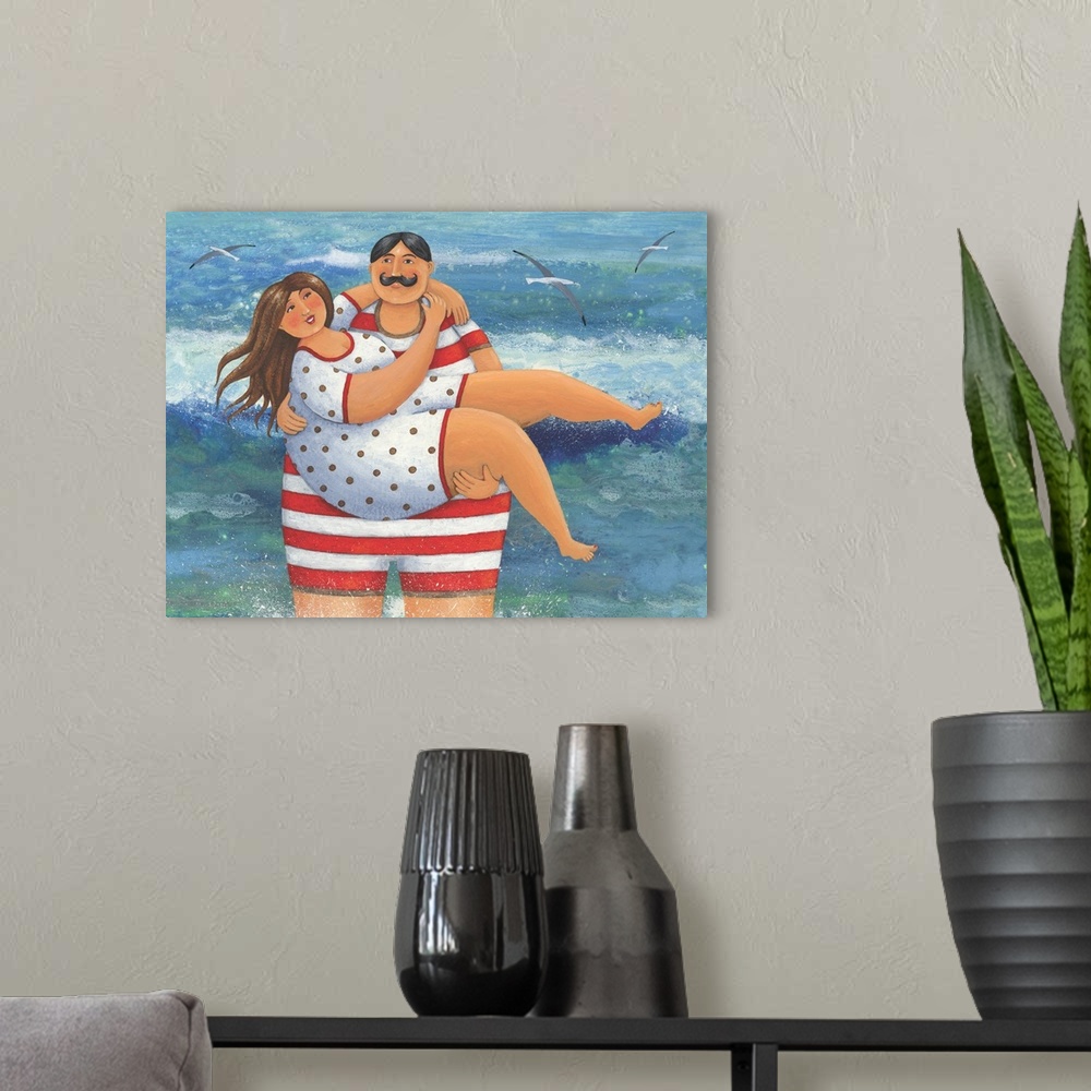 A modern room featuring Nautical themed painting of man in a bathing suit holding a woman in a bathing suit.