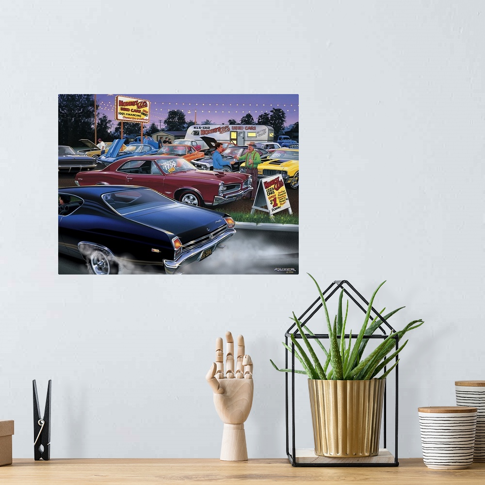 A bohemian room featuring Fanciful image of a run down used car lot out in the country full of rare classic American Muscle...