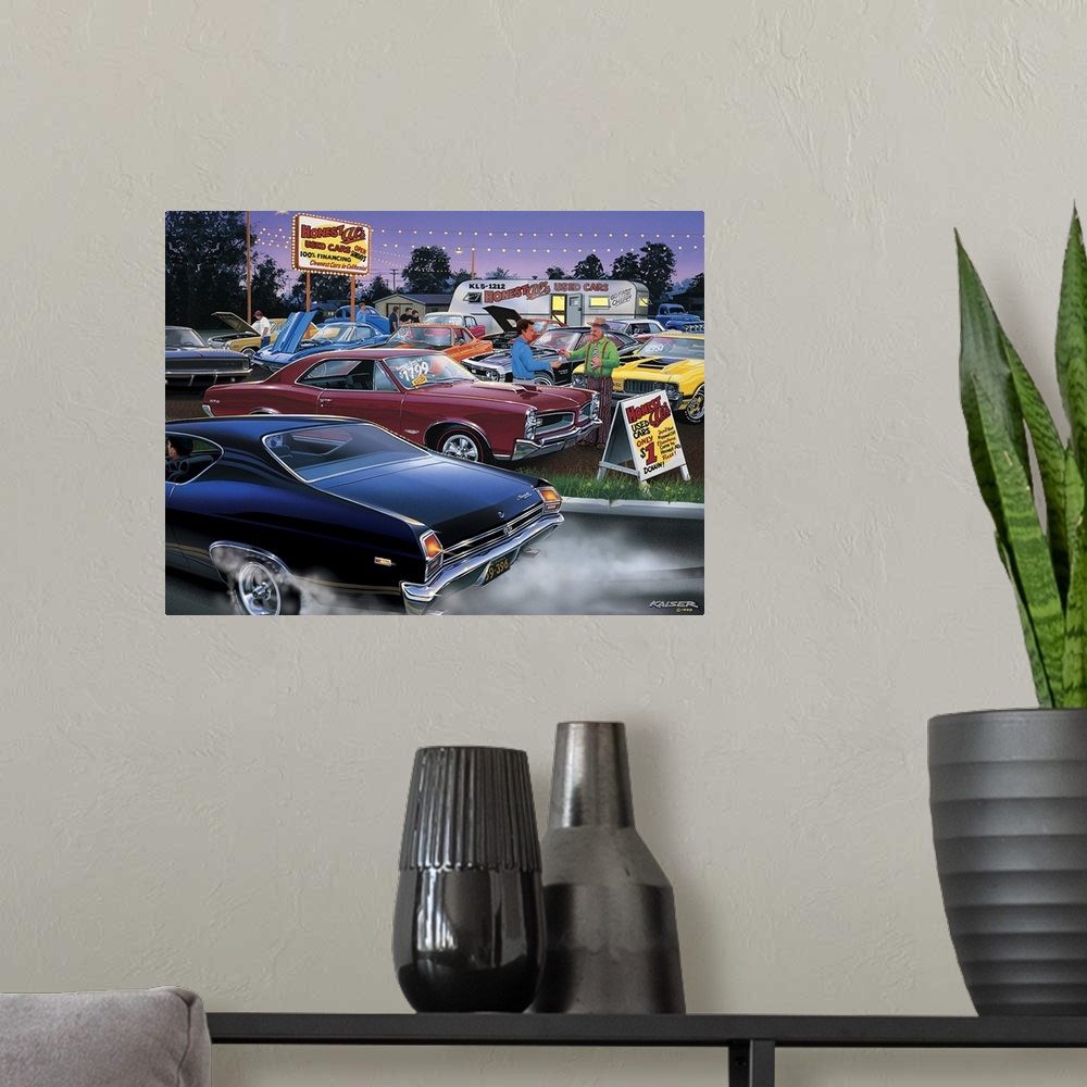 A modern room featuring Fanciful image of a run down used car lot out in the country full of rare classic American Muscle...