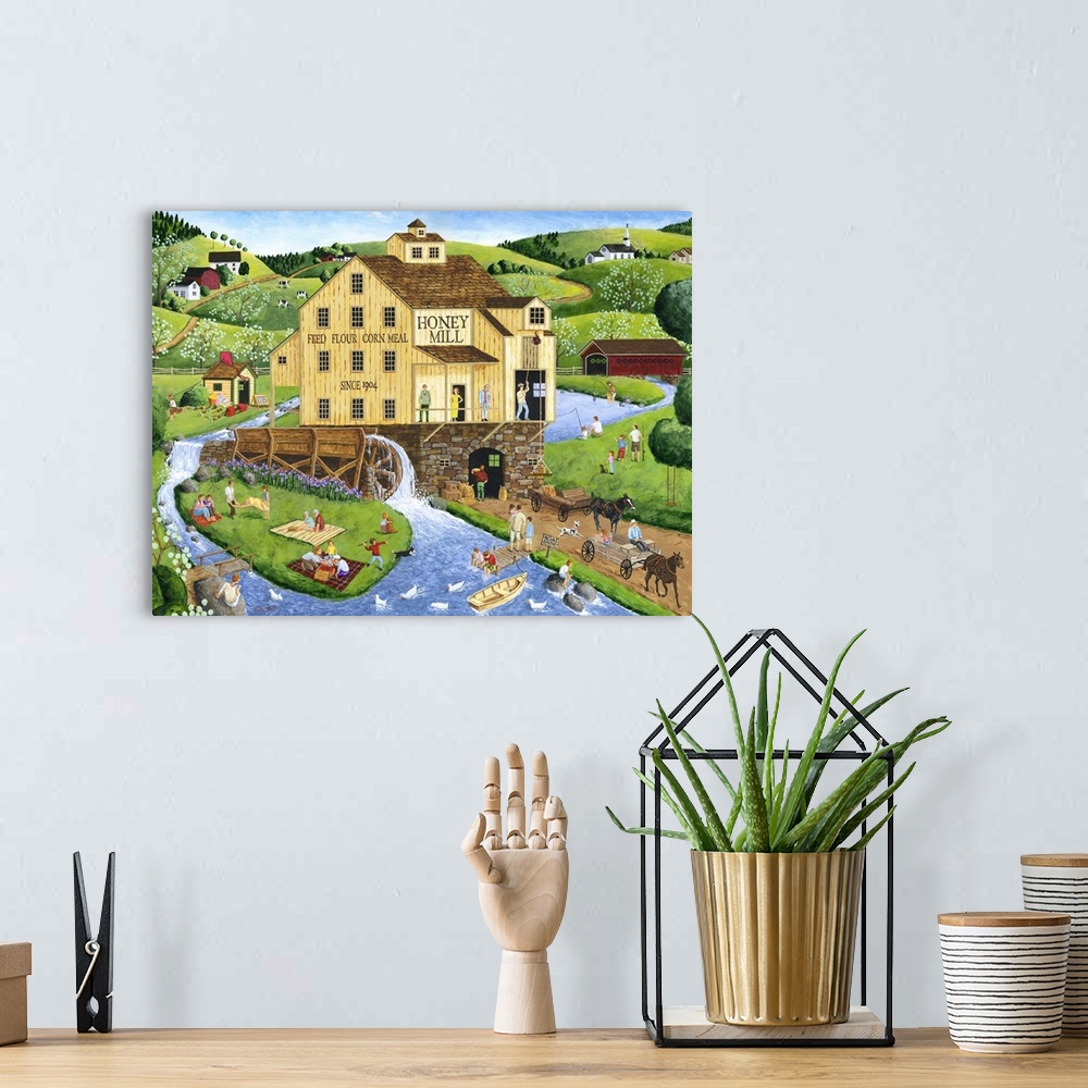 A bohemian room featuring Americana scene of a water mill surrounded by buy townspeople.