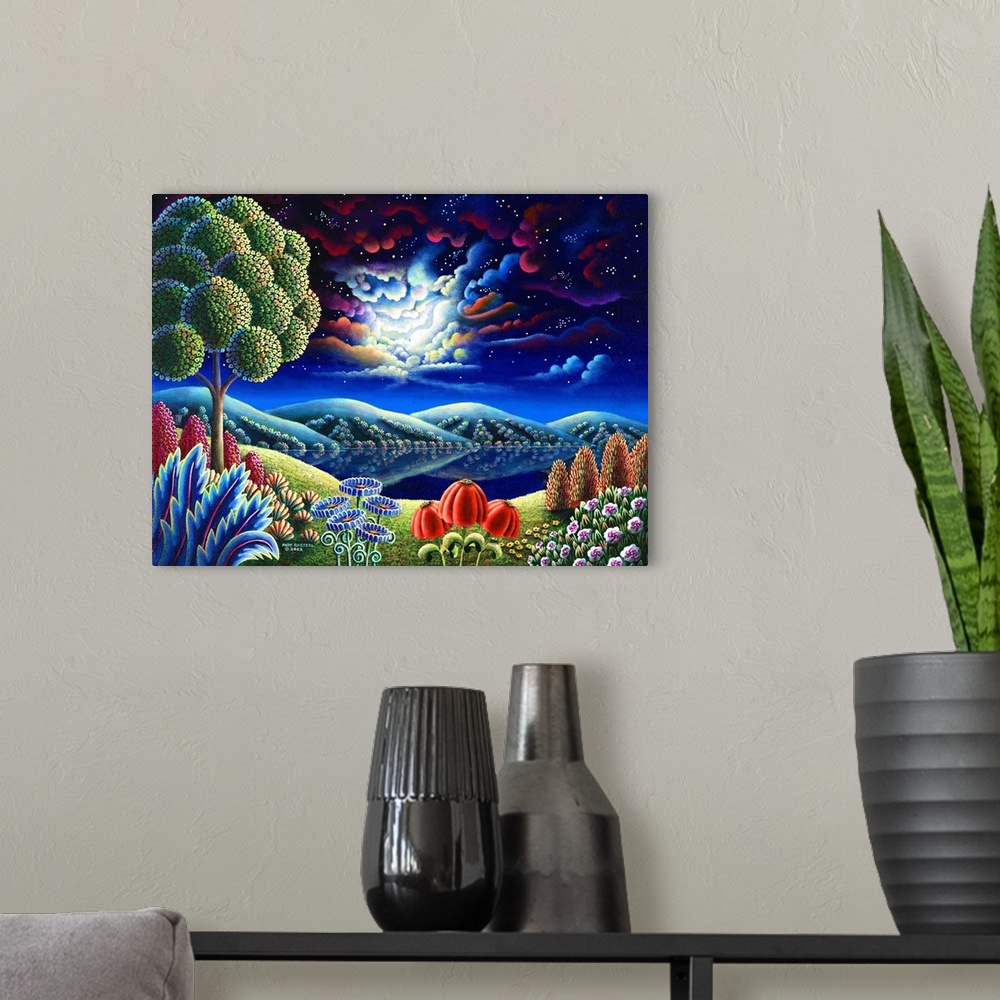 A modern room featuring Painting of a rural lake under a colorfully cloudy sky at night.
