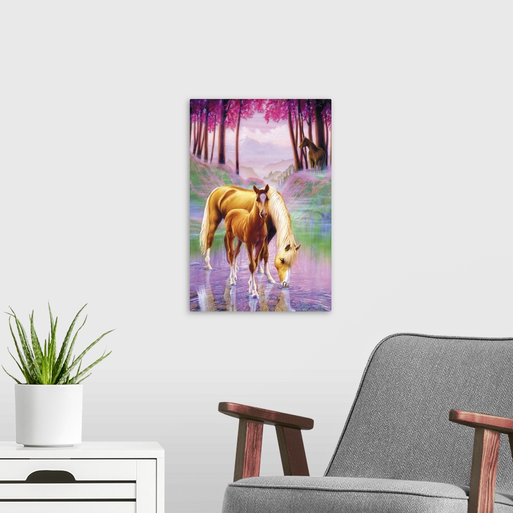 A modern room featuring Whimsical fantasy artwork of two horses standing in a brook with bright colorful forest in the ba...