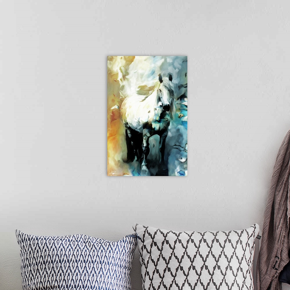 A bohemian room featuring Contemporary animal artwork of a white horse surround by an abstract background.