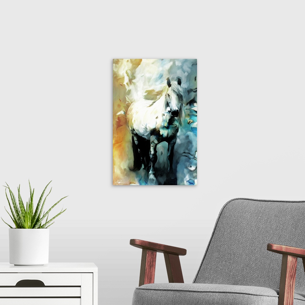 A modern room featuring Contemporary animal artwork of a white horse surround by an abstract background.
