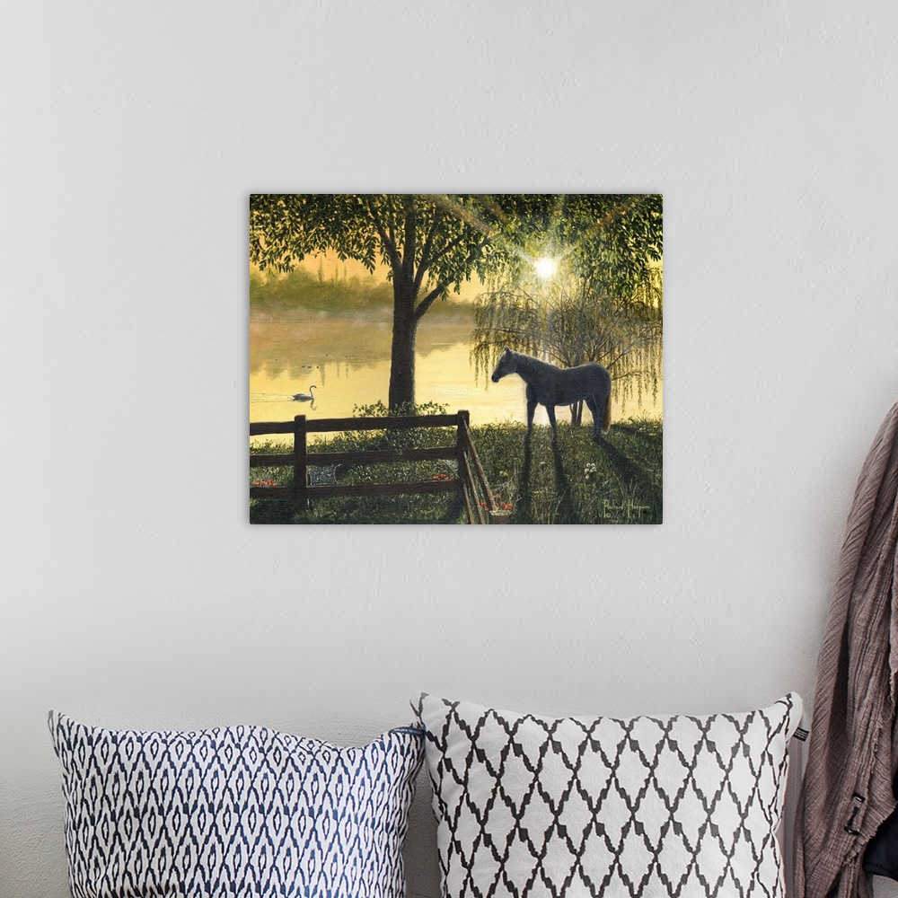 A bohemian room featuring Contemporary artwork of a horse looking at a swan slowly passing by in the water in the early mor...