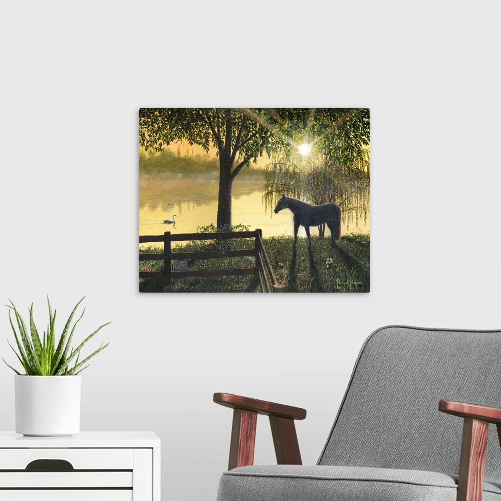 A modern room featuring Contemporary artwork of a horse looking at a swan slowly passing by in the water in the early mor...