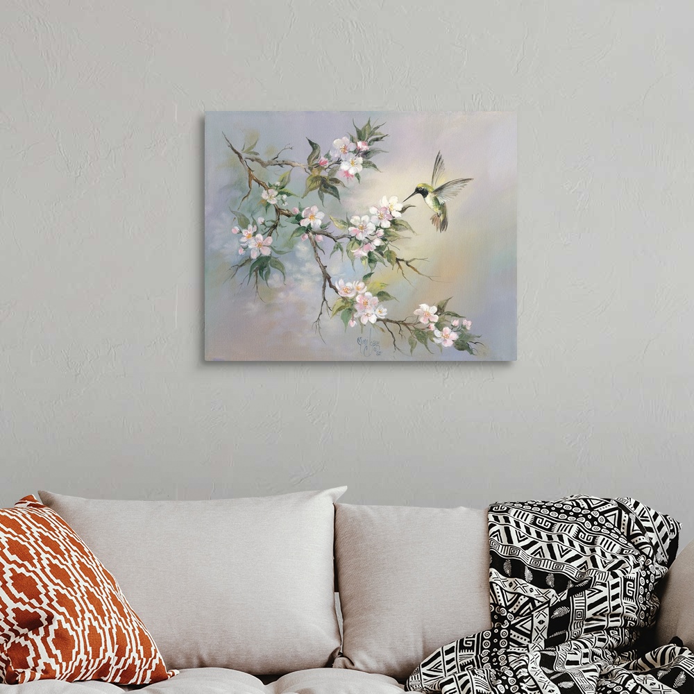A bohemian room featuring Contemporary whimsical artwork of a hummingbird at a flowering branch.