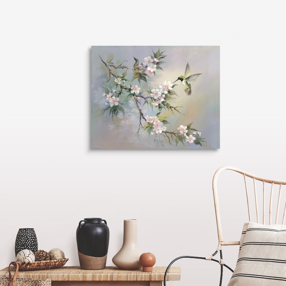 A farmhouse room featuring Contemporary whimsical artwork of a hummingbird at a flowering branch.