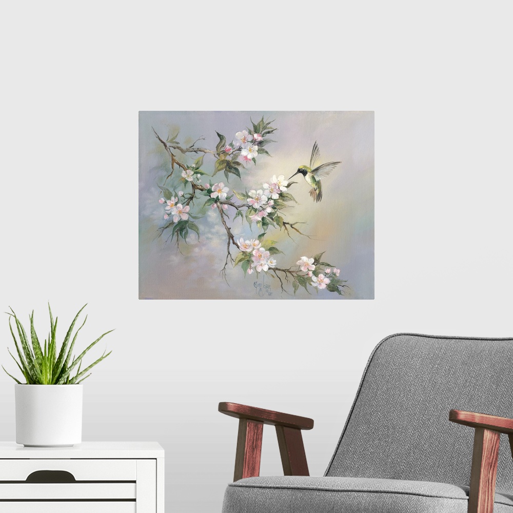 A modern room featuring Contemporary whimsical artwork of a hummingbird at a flowering branch.