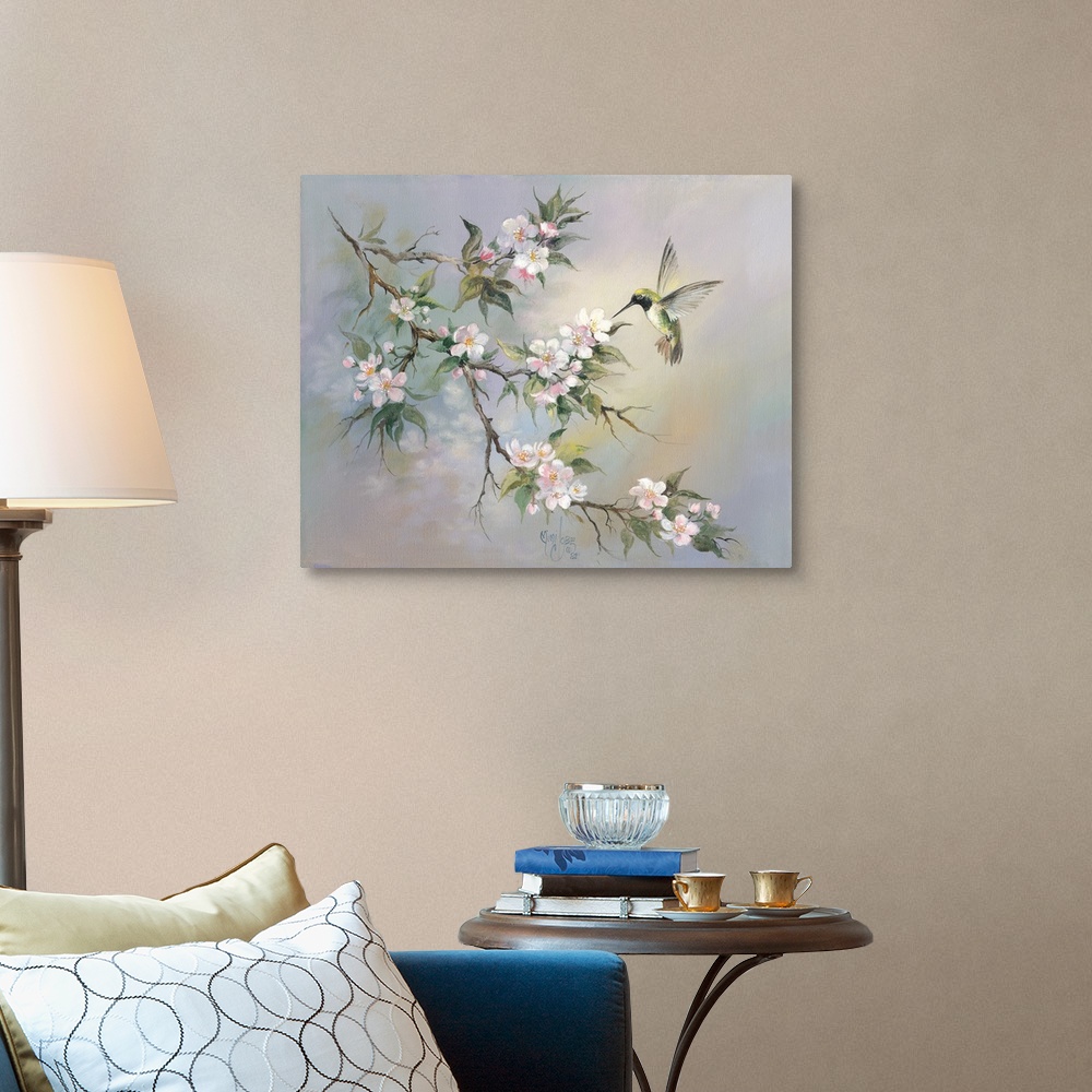 A traditional room featuring Contemporary whimsical artwork of a hummingbird at a flowering branch.
