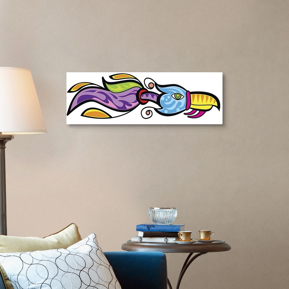 A traditional room featuring Contemporary colorful tribal inspired artwork.