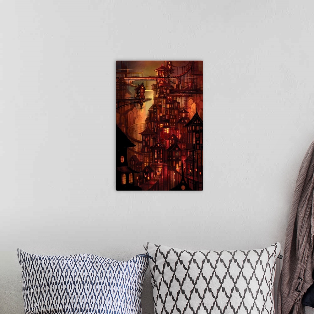 A bohemian room featuring Science fiction artwork of a city illuminated in a red glow which has buildings stacked upon each...