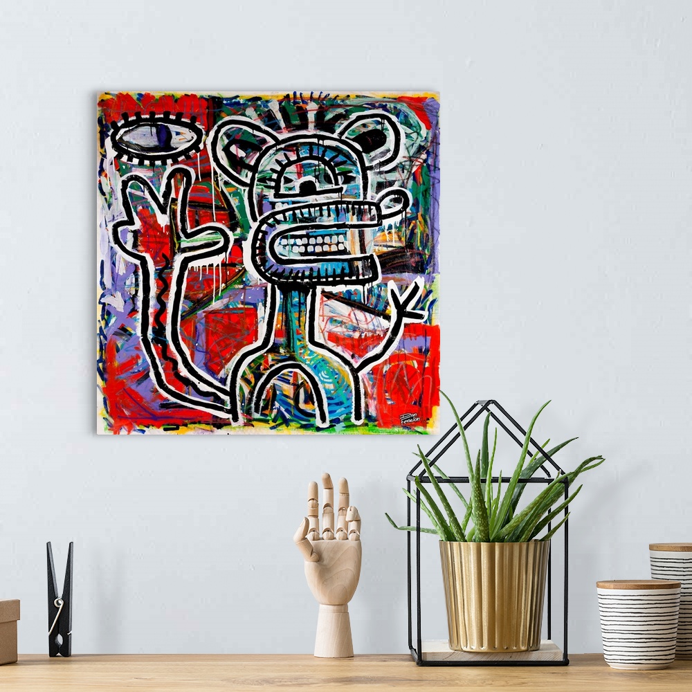 A bohemian room featuring Contemporary abstract painting of a mouse like figure in an urban art spray can style.