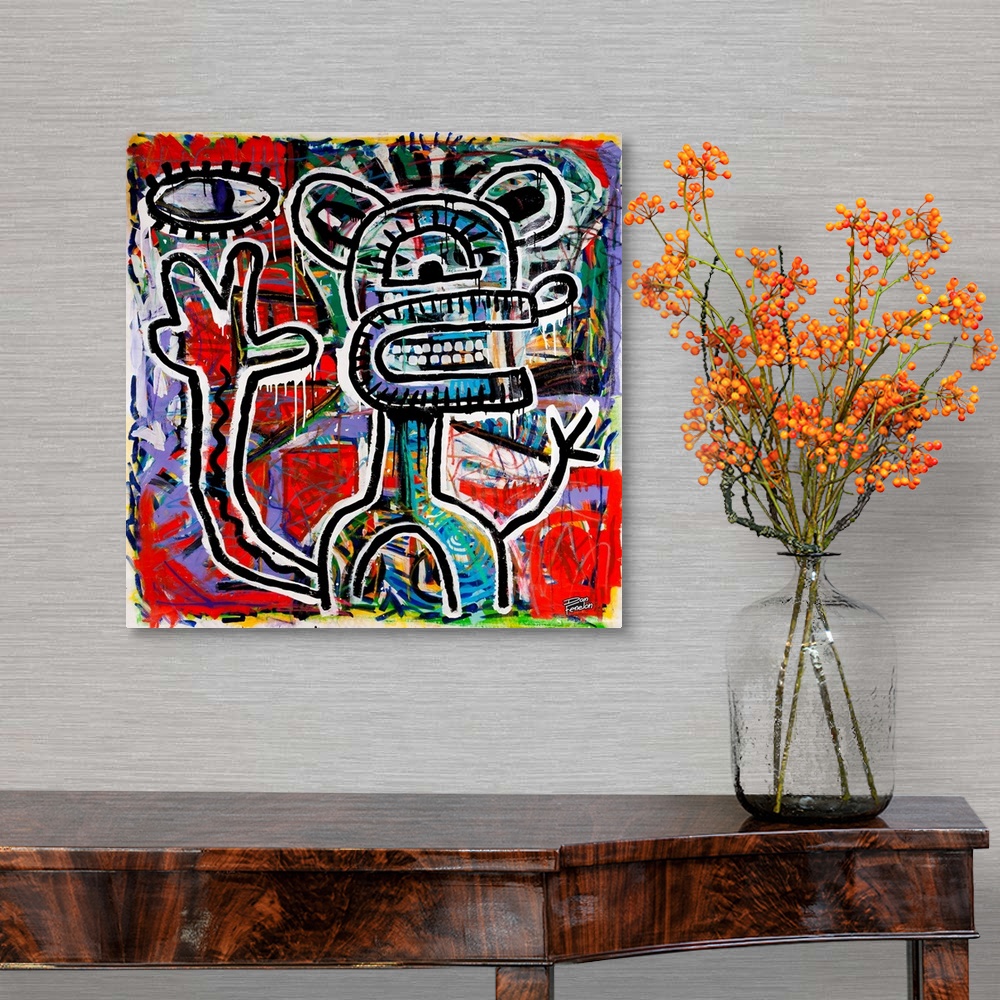 A traditional room featuring Contemporary abstract painting of a mouse like figure in an urban art spray can style.