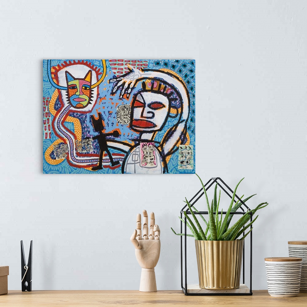 A bohemian room featuring Contemporary abstract painting with an aboriginal style t it of figures in bold contrasting lines.