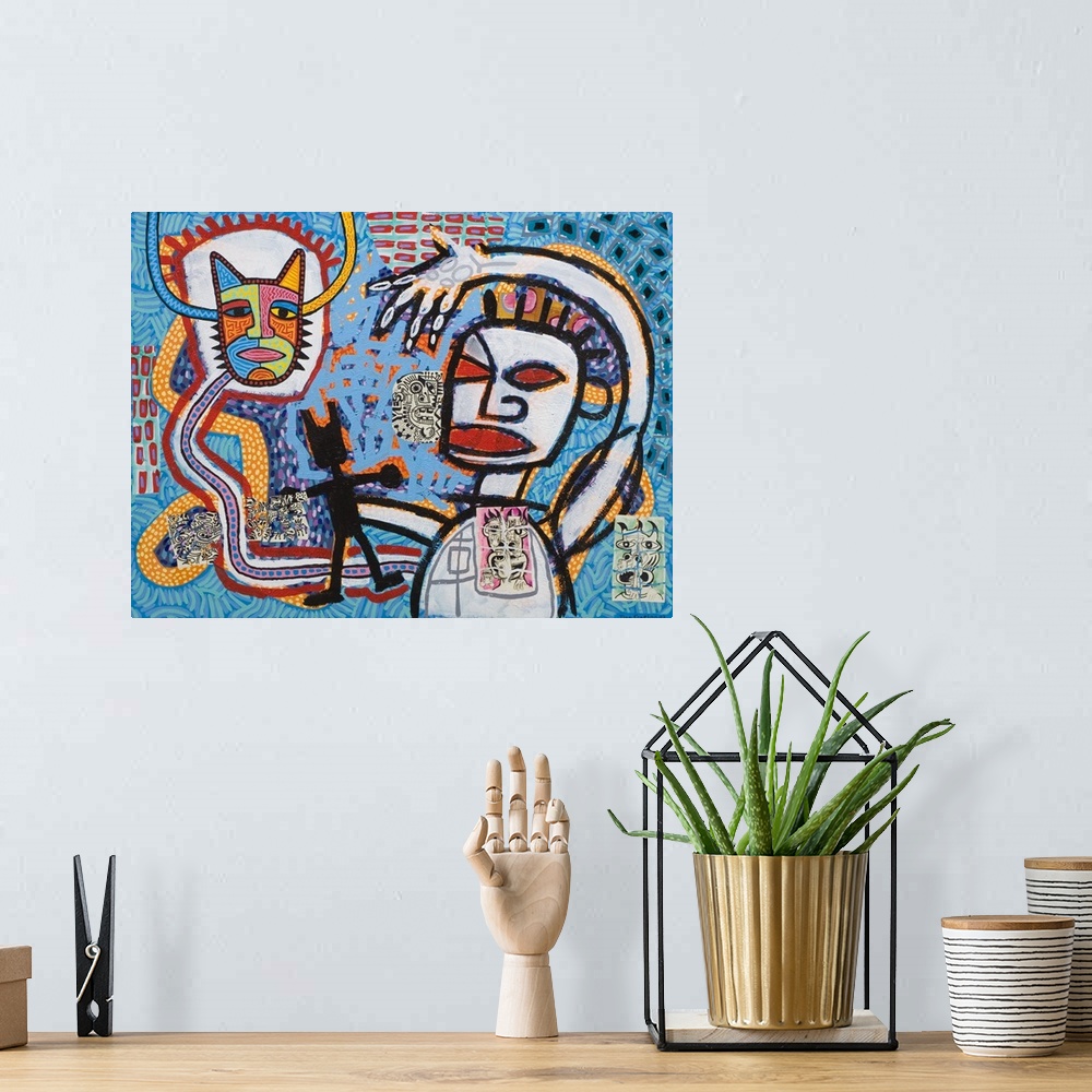 A bohemian room featuring Contemporary abstract painting with an aboriginal style t it of figures in bold contrasting lines.