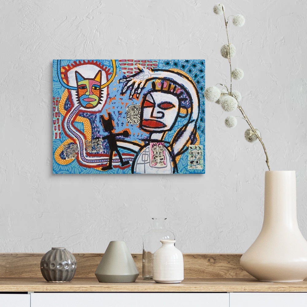 A farmhouse room featuring Contemporary abstract painting with an aboriginal style t it of figures in bold contrasting lines.