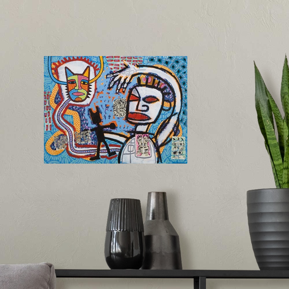 A modern room featuring Contemporary abstract painting with an aboriginal style t it of figures in bold contrasting lines.