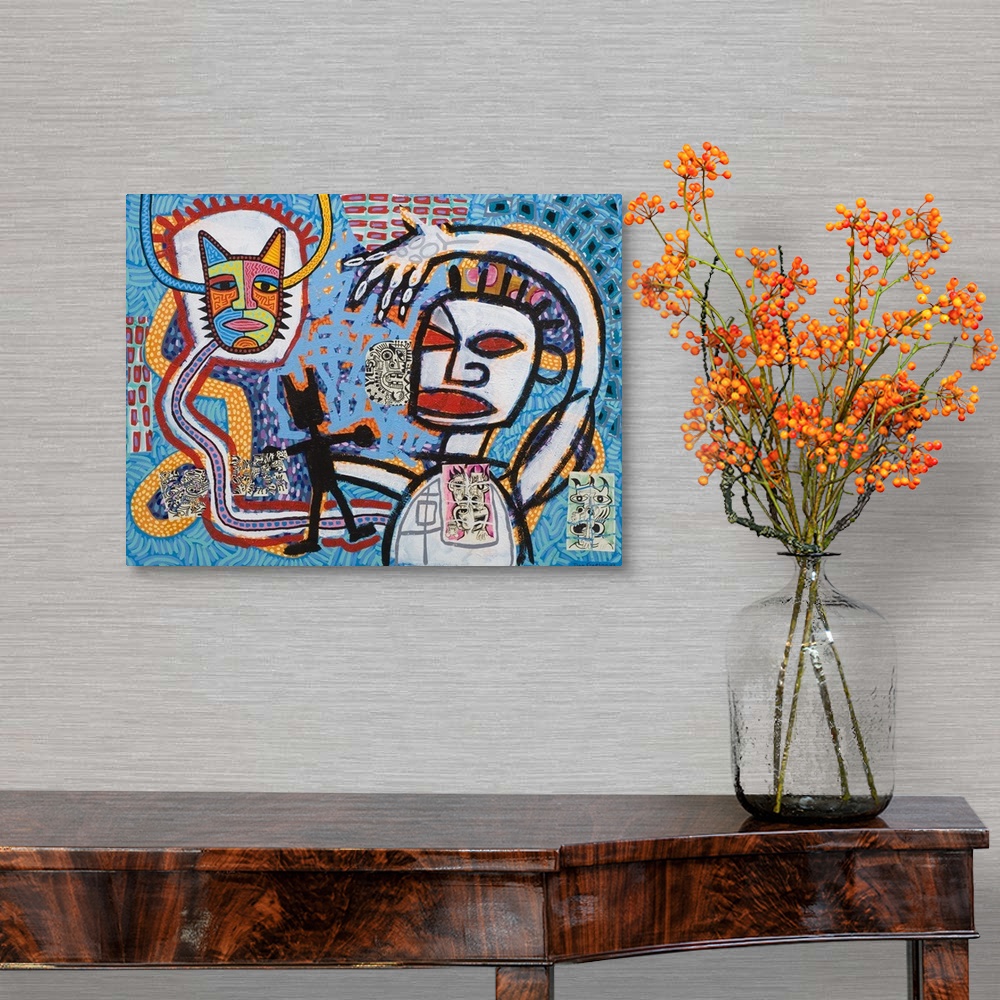 A traditional room featuring Contemporary abstract painting with an aboriginal style t it of figures in bold contrasting lines.