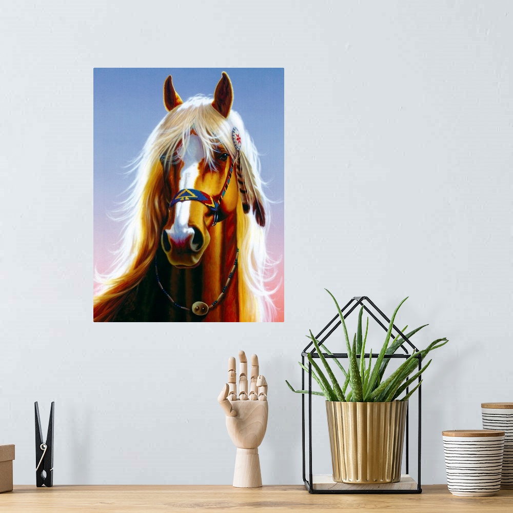A bohemian room featuring Big, vertical wall hanging of a horse from the neck, up, looking forward while wearing a bridal m...