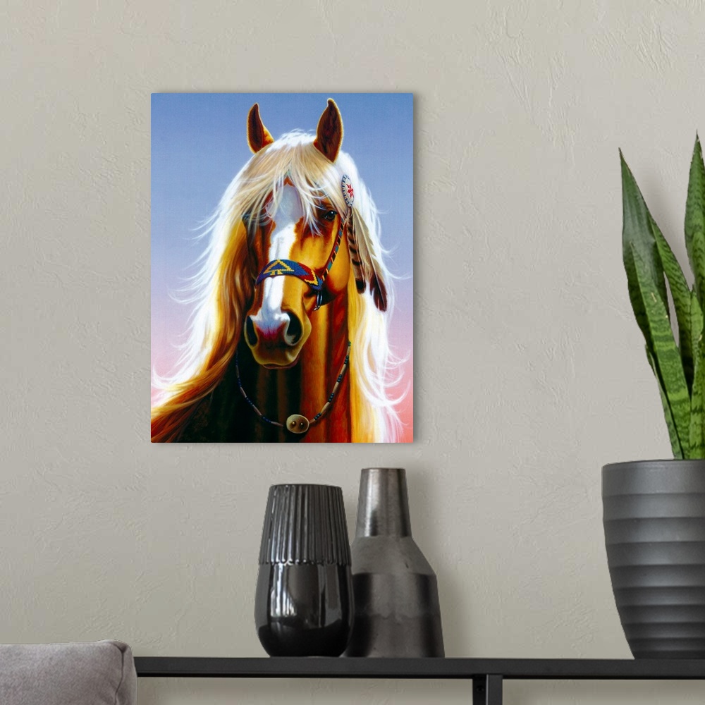 A modern room featuring Big, vertical wall hanging of a horse from the neck, up, looking forward while wearing a bridal m...