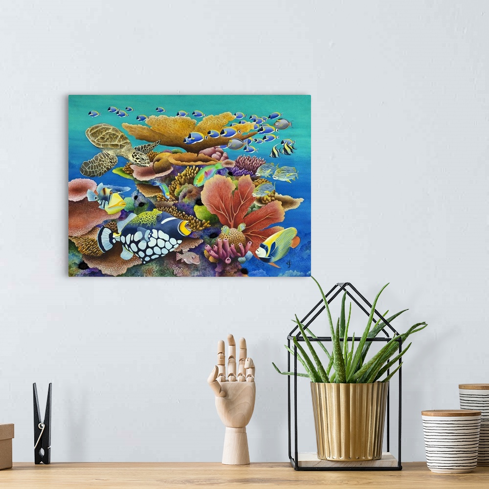 A bohemian room featuring Contemporary painting with fish and a turtle swimming around coral reefs in vibrant colors.