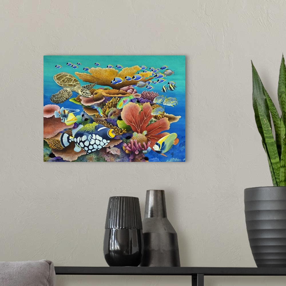 A modern room featuring Contemporary painting with fish and a turtle swimming around coral reefs in vibrant colors.