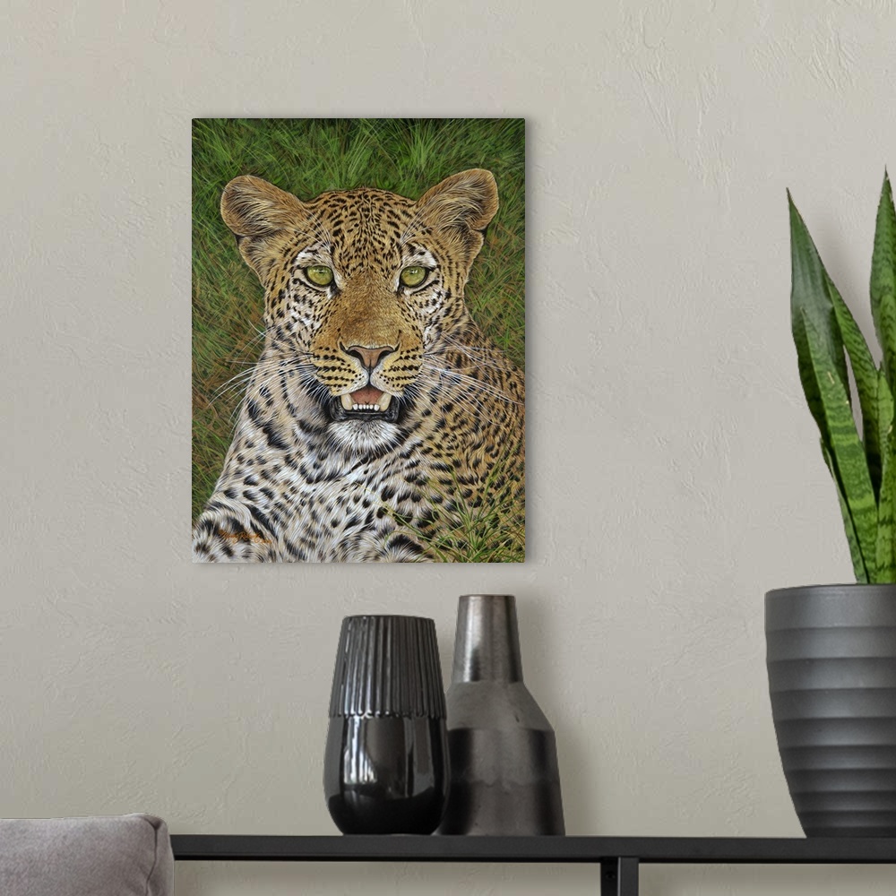 A modern room featuring Contemporary artwork of leopard laying in lush grass.
