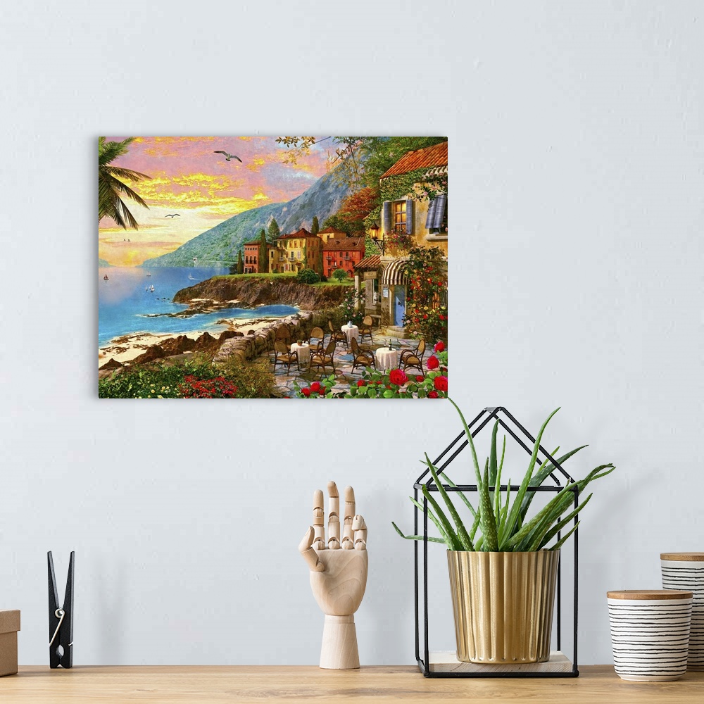 A bohemian room featuring Illustration of an island town at sunset.