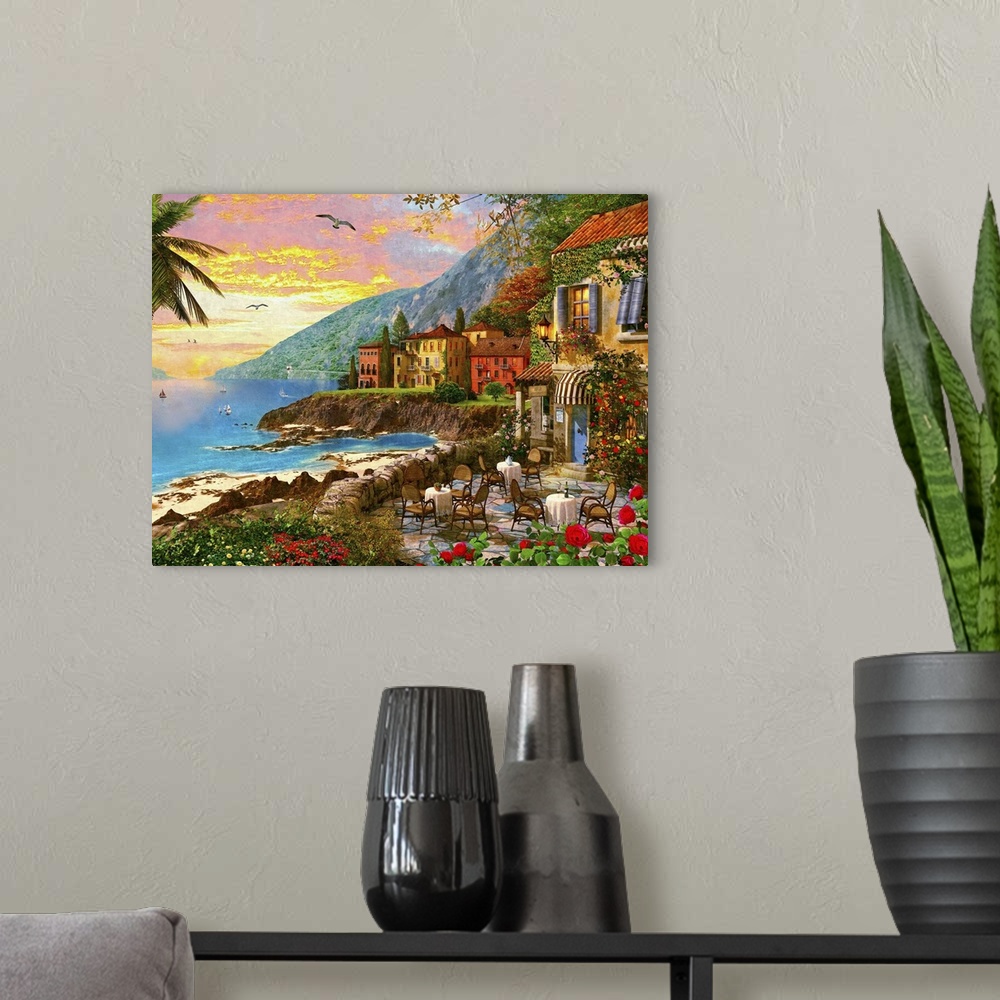 A modern room featuring Illustration of an island town at sunset.