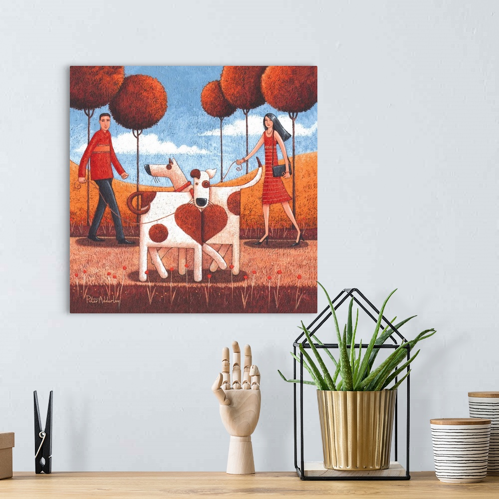 A bohemian room featuring Contemporary painting of a man and woman walking their dogs, and when the dogs stand beside each ...