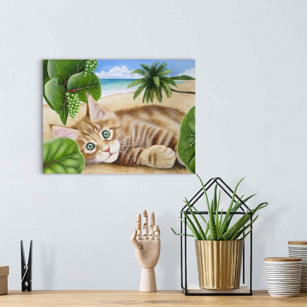 A bohemian room featuring Colorful tropical themed artwork of cat laying on a sandy beach surrounded by lush plants.