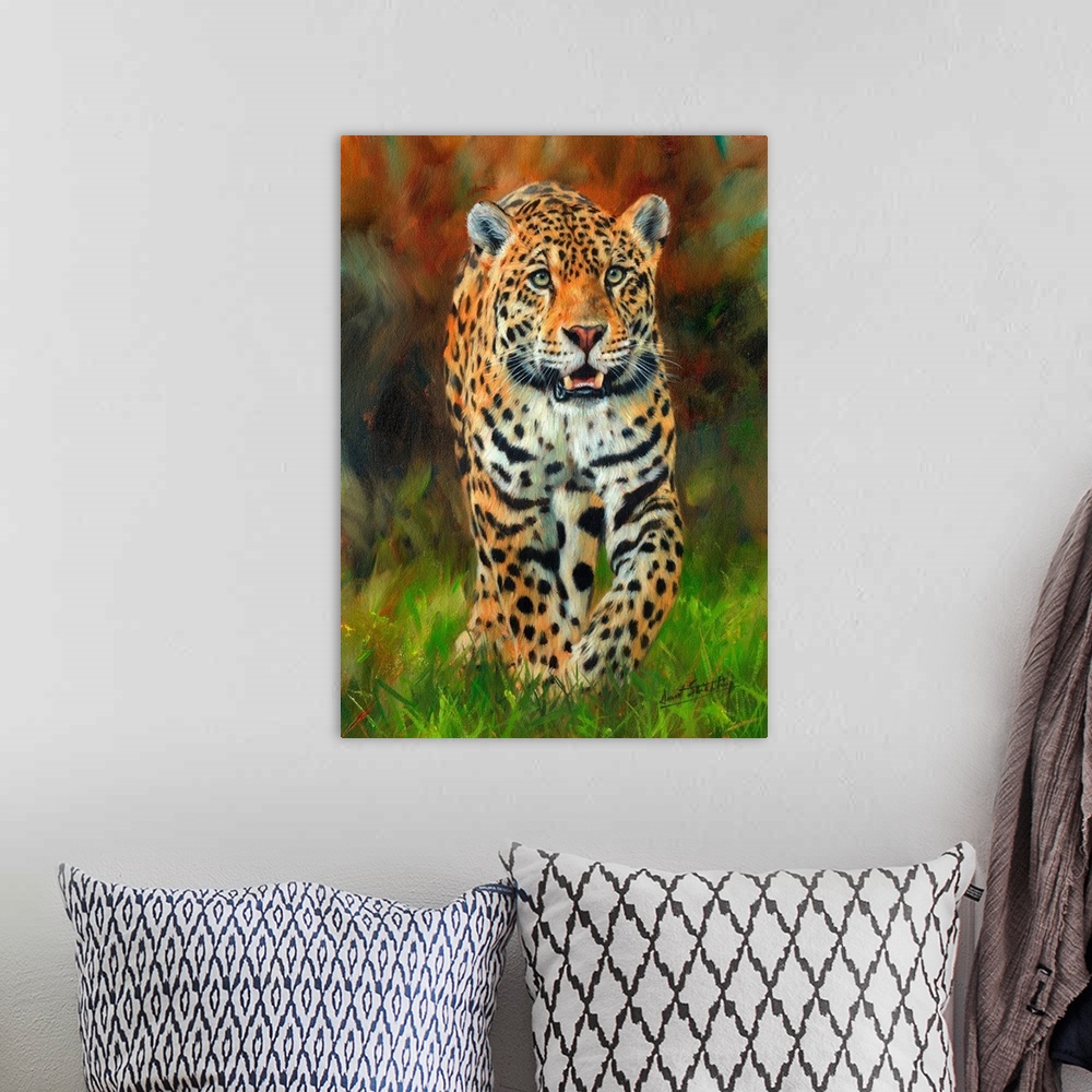 A bohemian room featuring Contemporary painting of a jaguar walking across lush green grass.