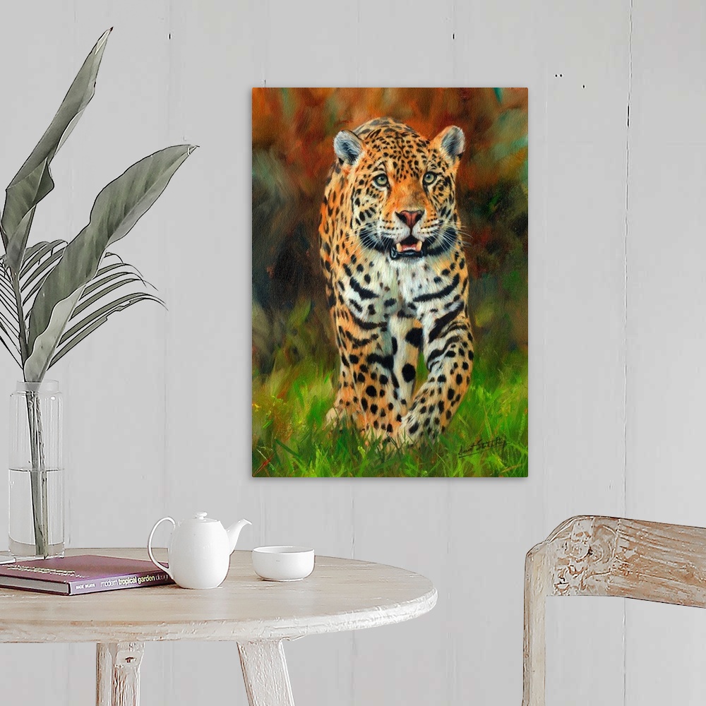 A farmhouse room featuring Contemporary painting of a jaguar walking across lush green grass.