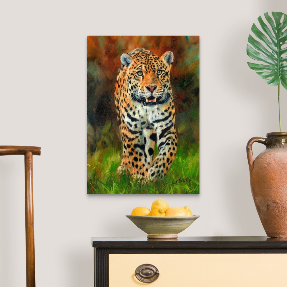 A traditional room featuring Contemporary painting of a jaguar walking across lush green grass.