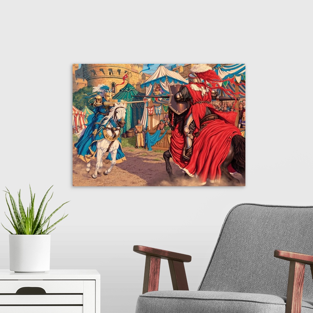 A modern room featuring A scene depicting a jousting tournament just at the moment the King's champion attempts to vanqui...