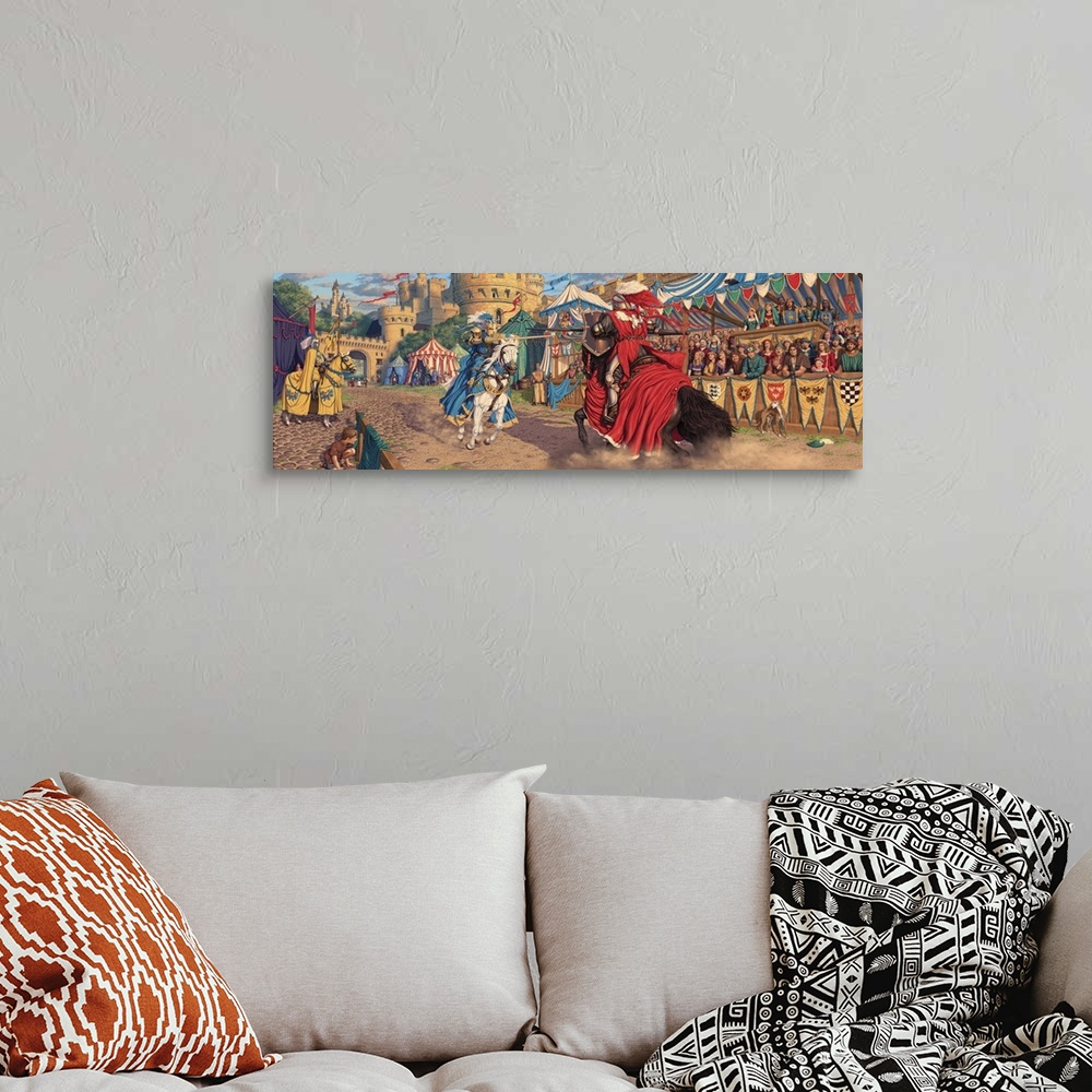 A bohemian room featuring A scene depicting a jousting tournament just at the moment the King's champion attempts to vanqui...