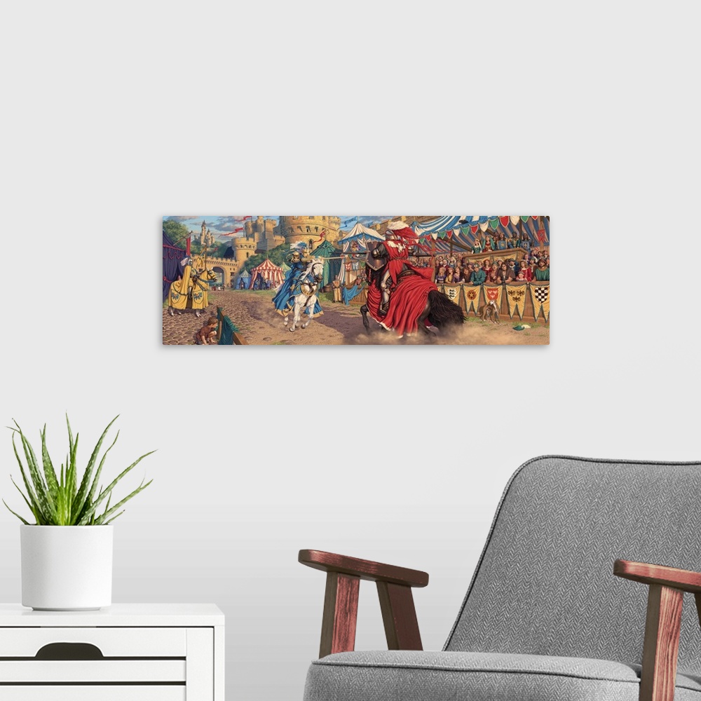 A modern room featuring A scene depicting a jousting tournament just at the moment the King's champion attempts to vanqui...