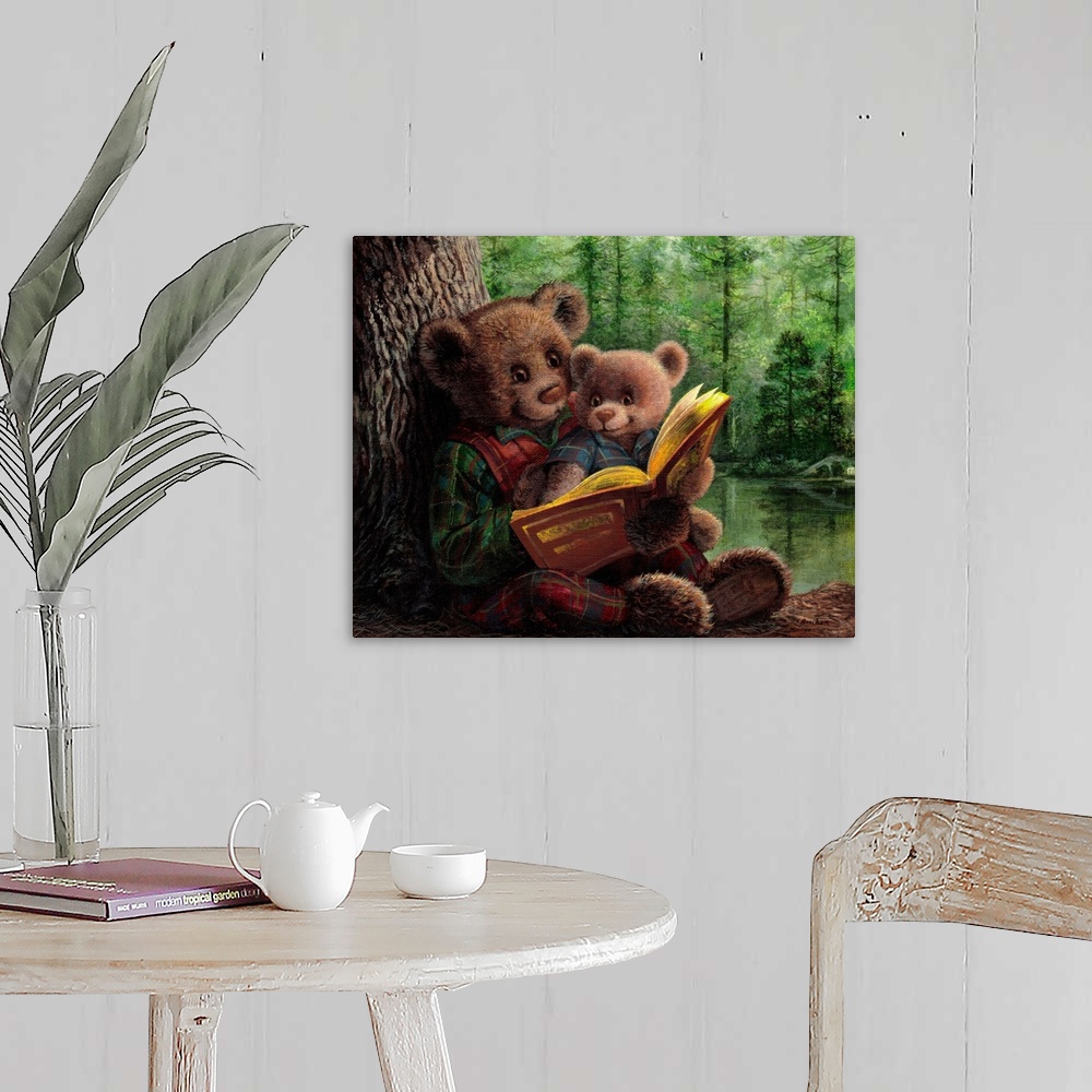 A farmhouse room featuring Father and son teddy bear reading a storybook together in the forest.