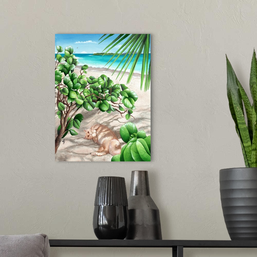 A modern room featuring Contemporary tropical themed artwork with use of bright and vibrant colors.