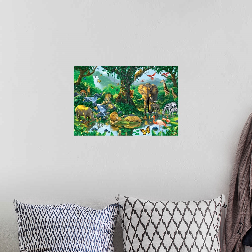 A bohemian room featuring Fantasy painting featuring various jungle animals gathered together at a watering hole beneath th...