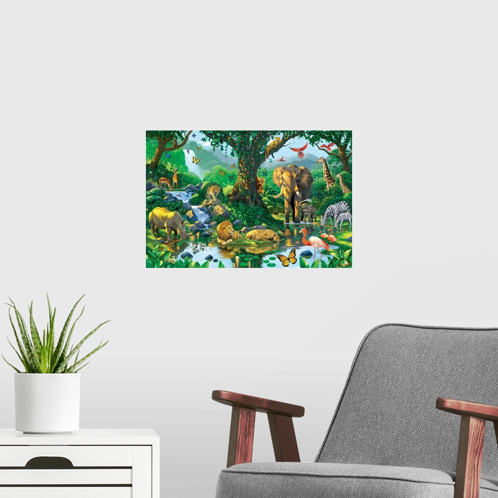 A modern room featuring Fantasy painting featuring various jungle animals gathered together at a watering hole beneath th...