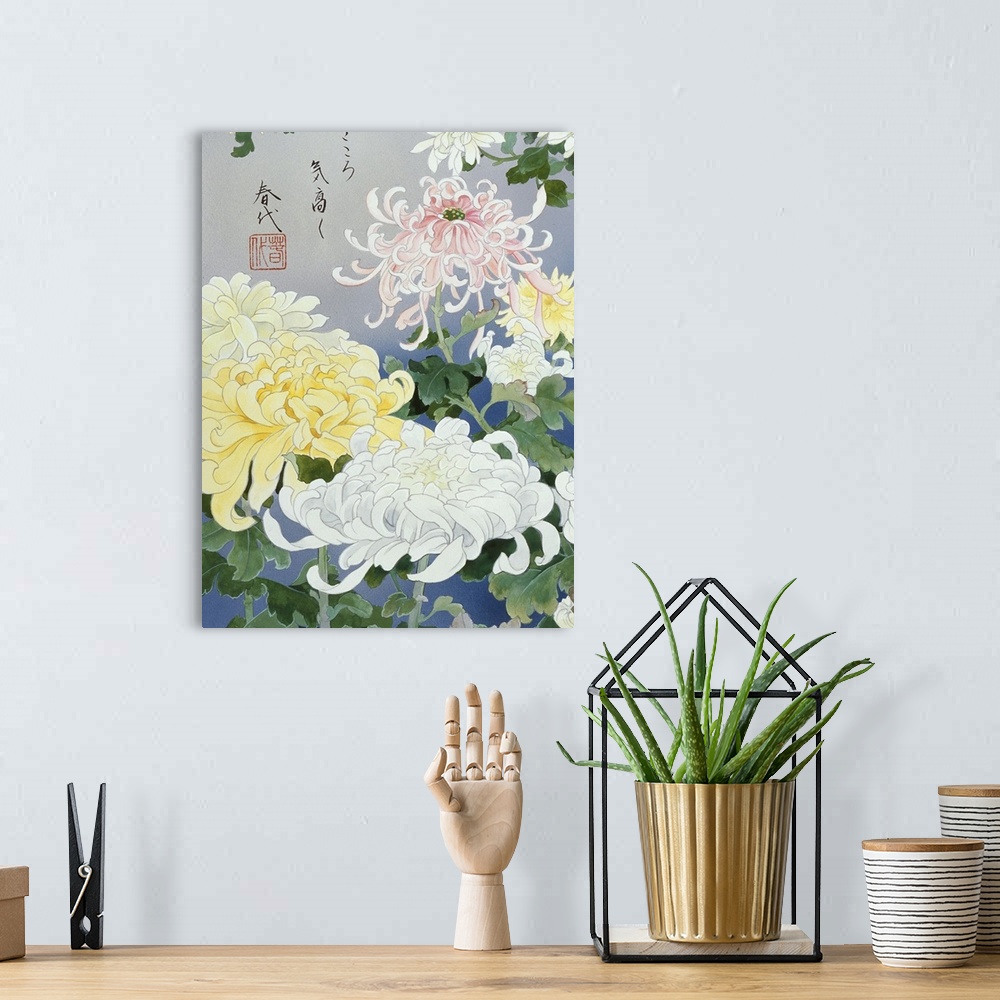 A bohemian room featuring Contemporary colorful and lavish looking Asian artwork. With white and yellow flowers.