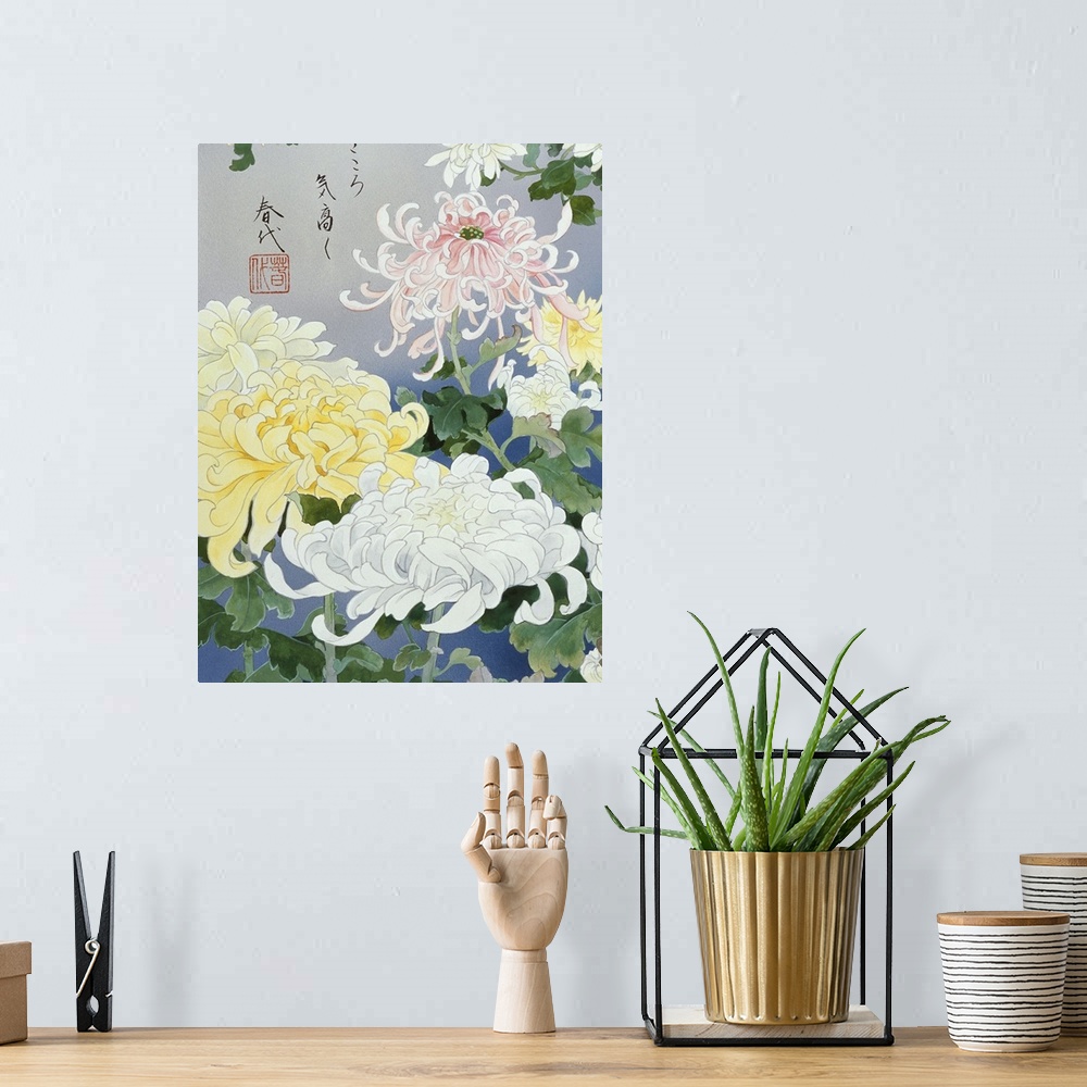 A bohemian room featuring Contemporary colorful and lavish looking Asian artwork. With white and yellow flowers.