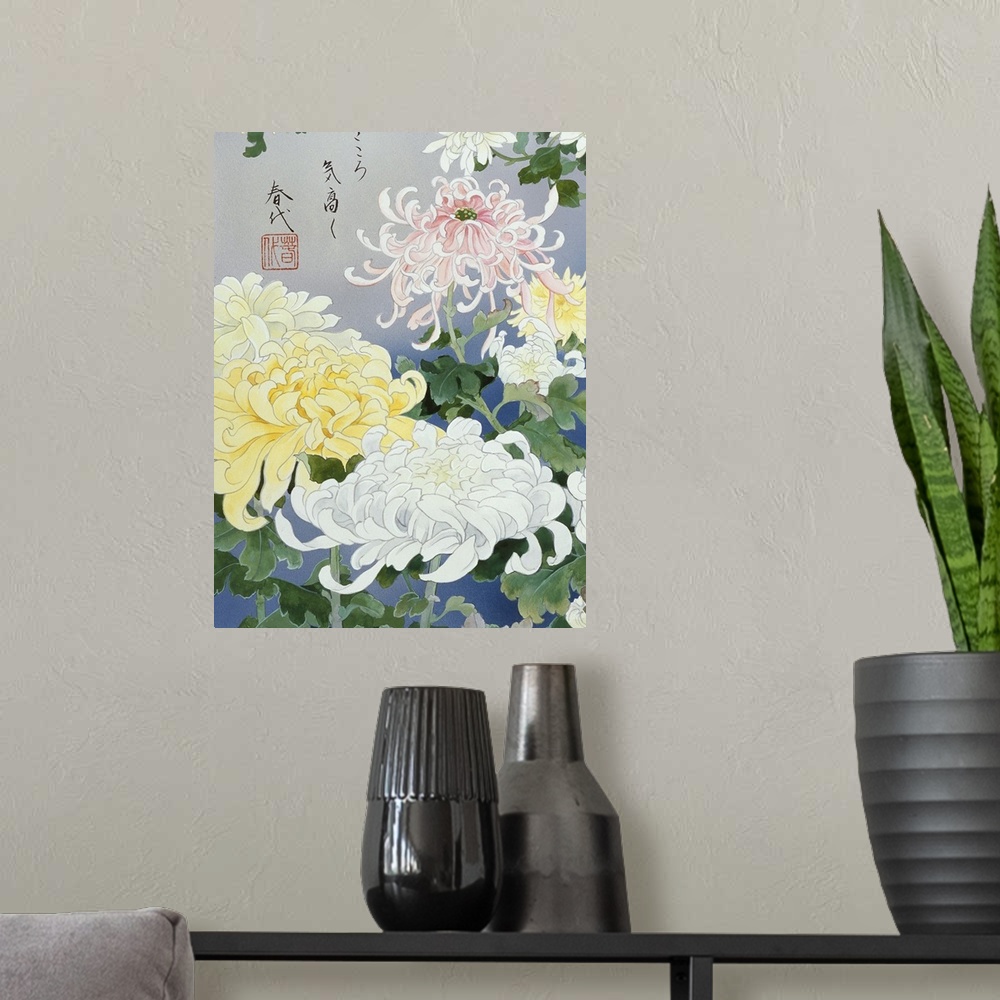 A modern room featuring Contemporary colorful and lavish looking Asian artwork. With white and yellow flowers.